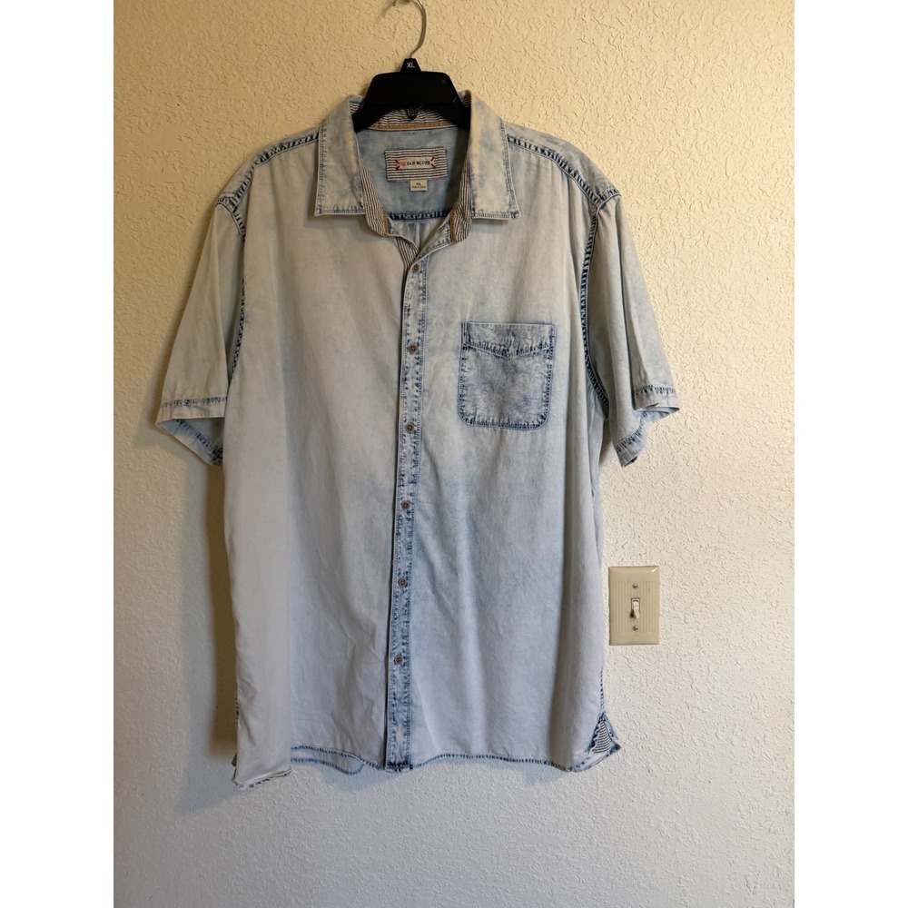 32 Bar Blues Mens XXL Acid Wash Denim Short Sleeve Button Down Shirt Light Blue